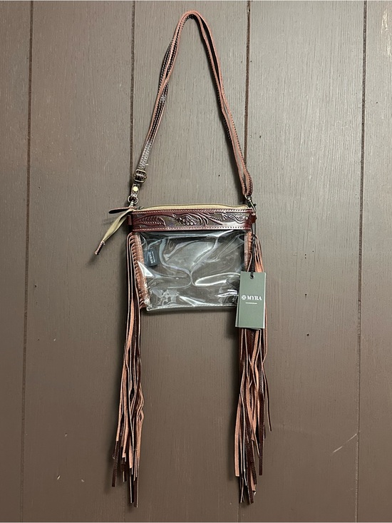 Myra Bag Handbags - Myra Bag Clear Crossbody with Brown Leather Fringe and Tan Strap